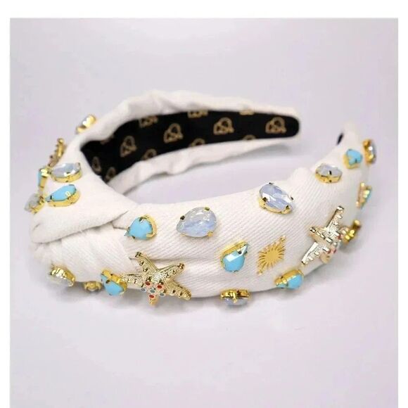 Crystal Headband - DENIM Headband - Knot Headband + Crystals - WHITE - Picture 4 of 5